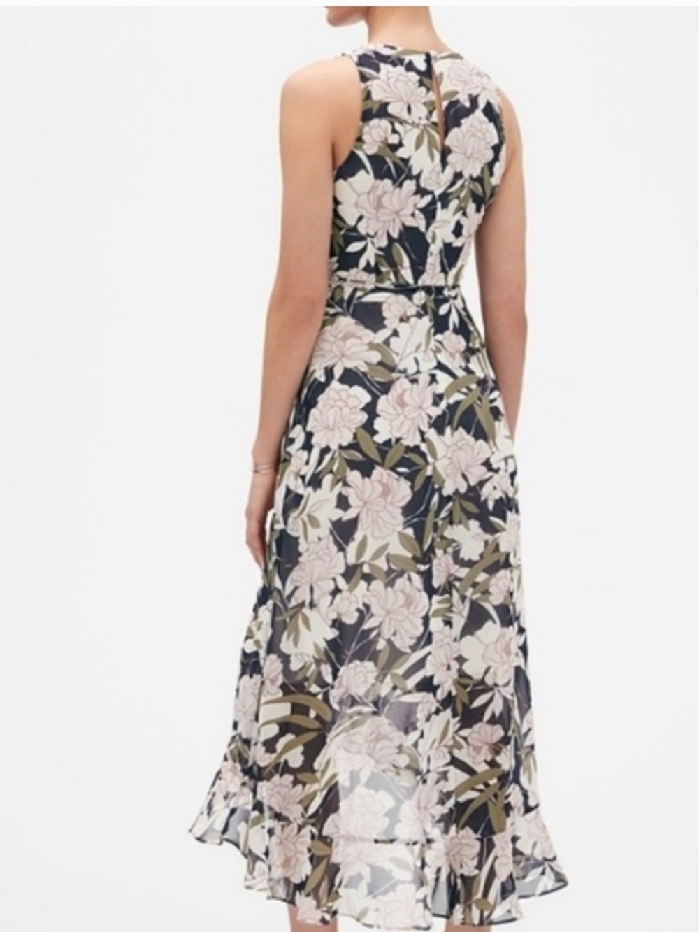 Banana Republic Navy Floral Midi Dress with Blush Blooms